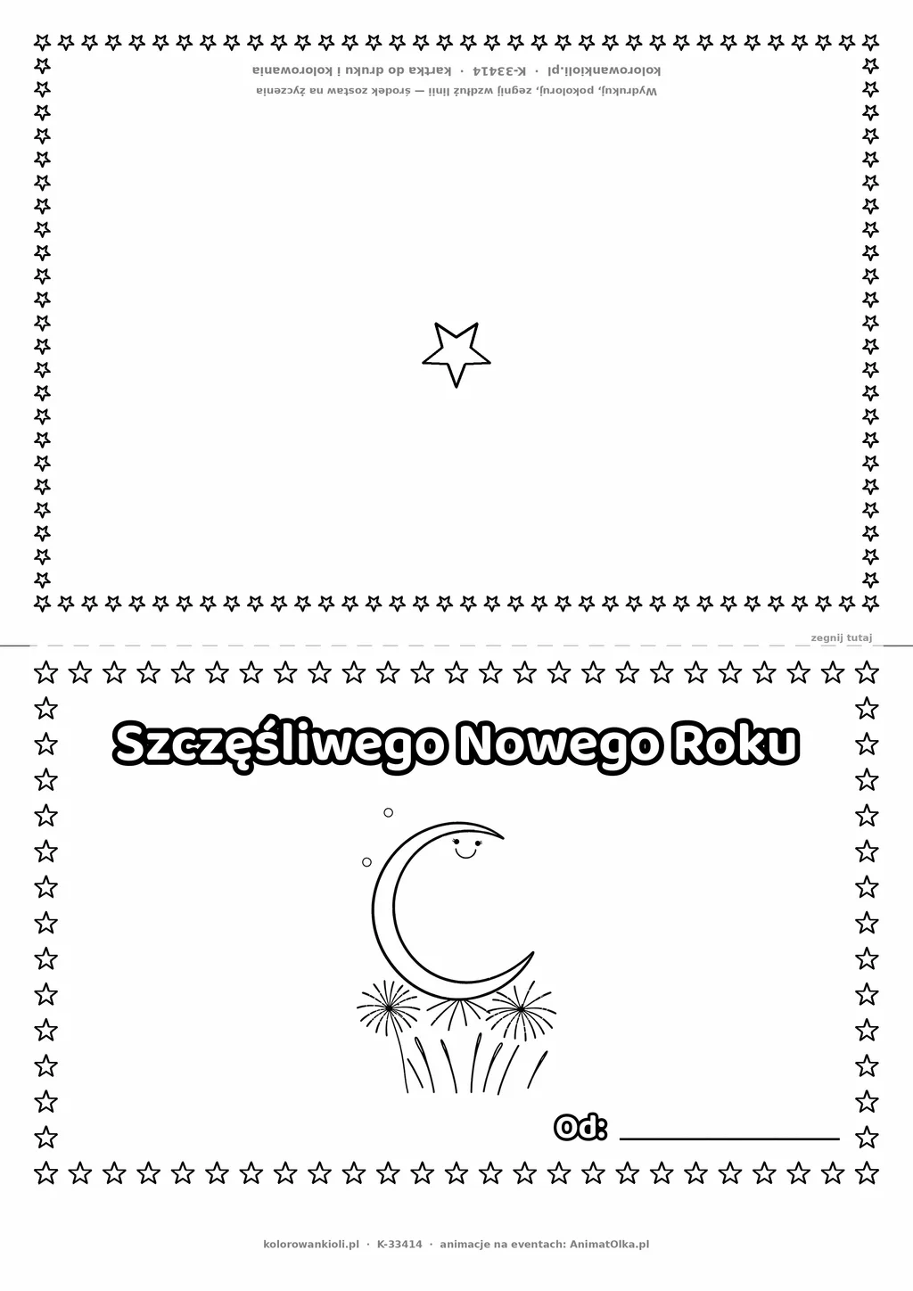 Kartka na Nowy Rok: księżyc i fajerwerki — do druku i kolorowania (A4, składana)