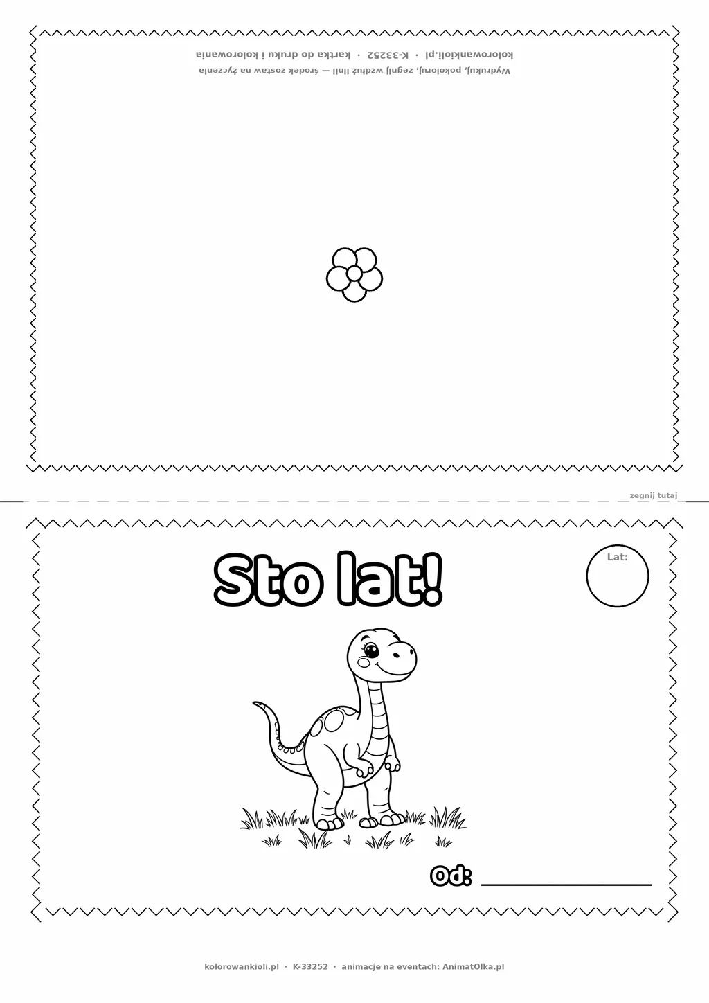 Kartka na urodziny: dinozaur — do druku i kolorowania (A4, składana)