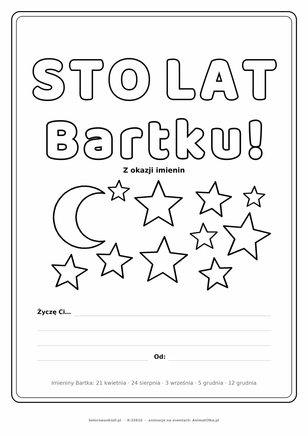 Laurka na imieniny Bartka do druku — napis Sto lat, Bartku z gwiazdkami, linie na życzenia