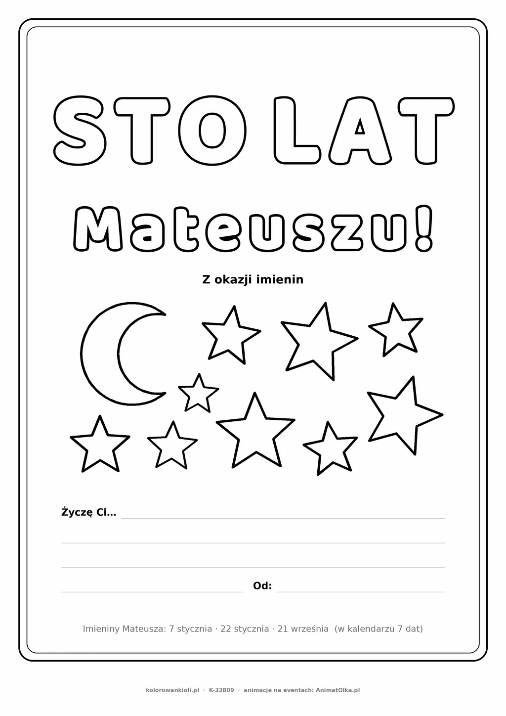 Laurka na imieniny Mateusza do druku — napis Sto lat, Mateuszu z gwiazdkami, linie na życzenia