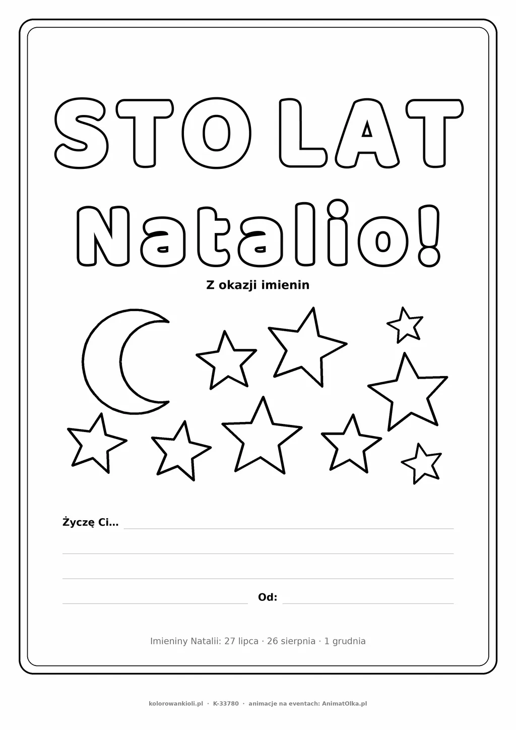 Laurka na imieniny Natalii do druku — napis Sto lat, Natalio z gwiazdkami, linie na życzenia