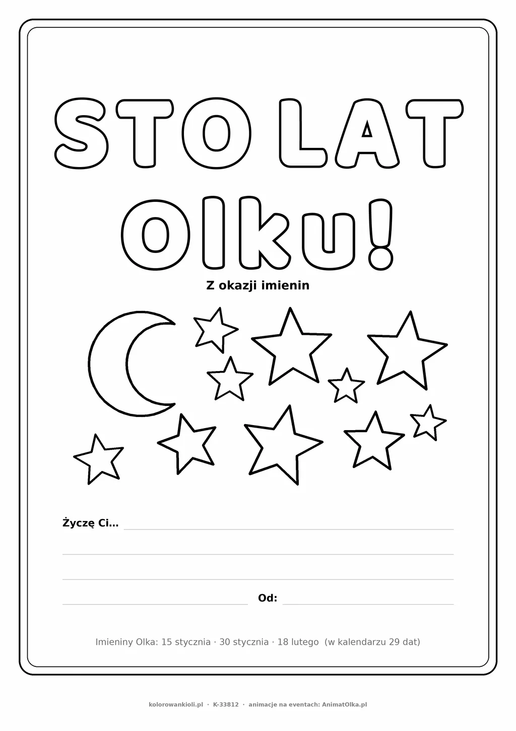 Laurka na imieniny Olka do druku — napis Sto lat, Olku z gwiazdkami, linie na życzenia
