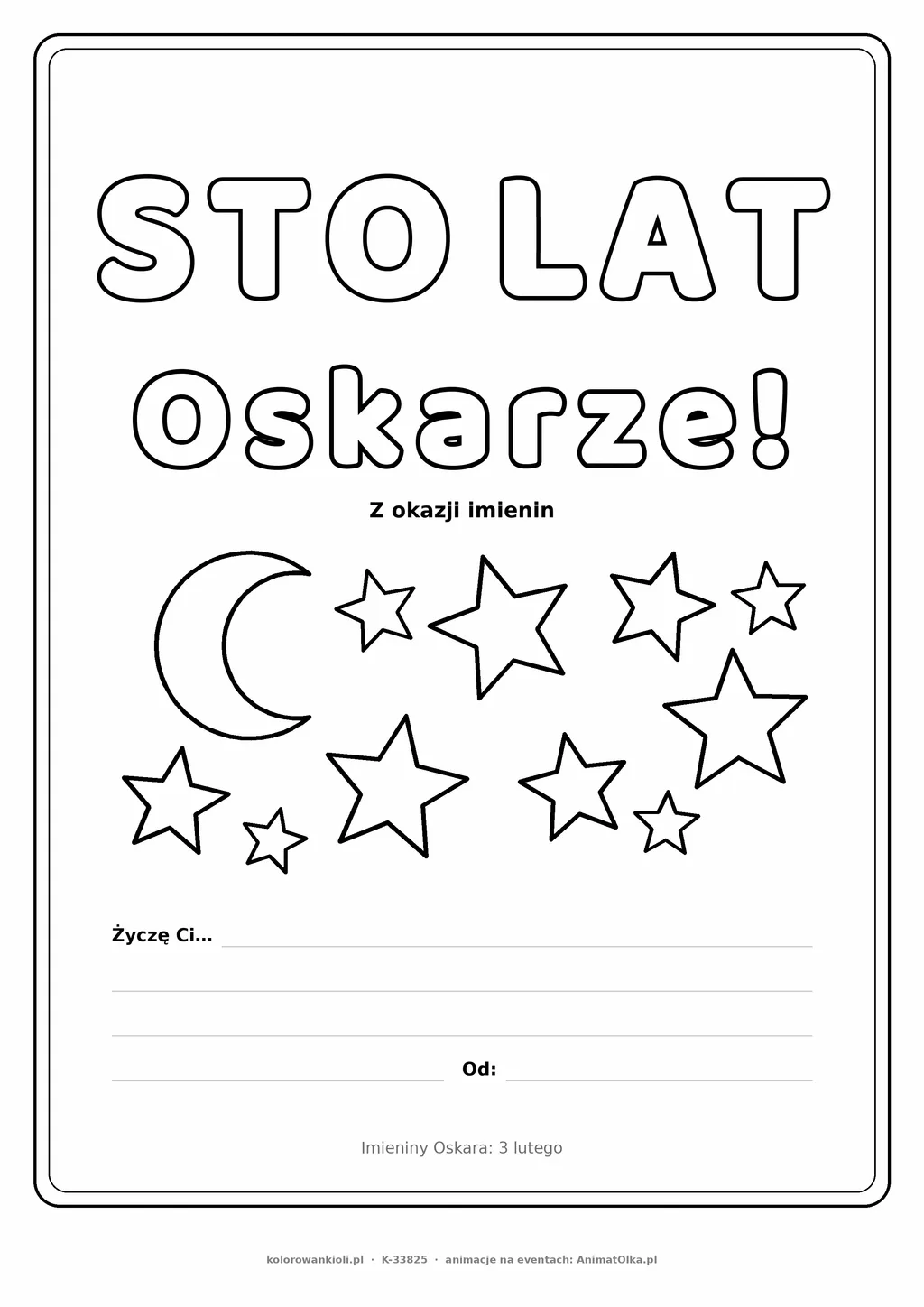 Laurka na imieniny Oskara do druku — napis Sto lat, Oskarze z gwiazdkami, linie na życzenia