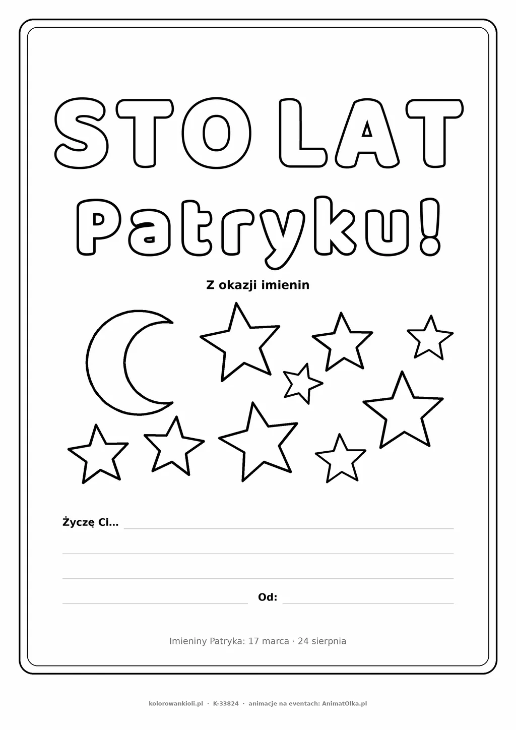 Laurka na imieniny Patryka do druku — napis Sto lat, Patryku z gwiazdkami, linie na życzenia