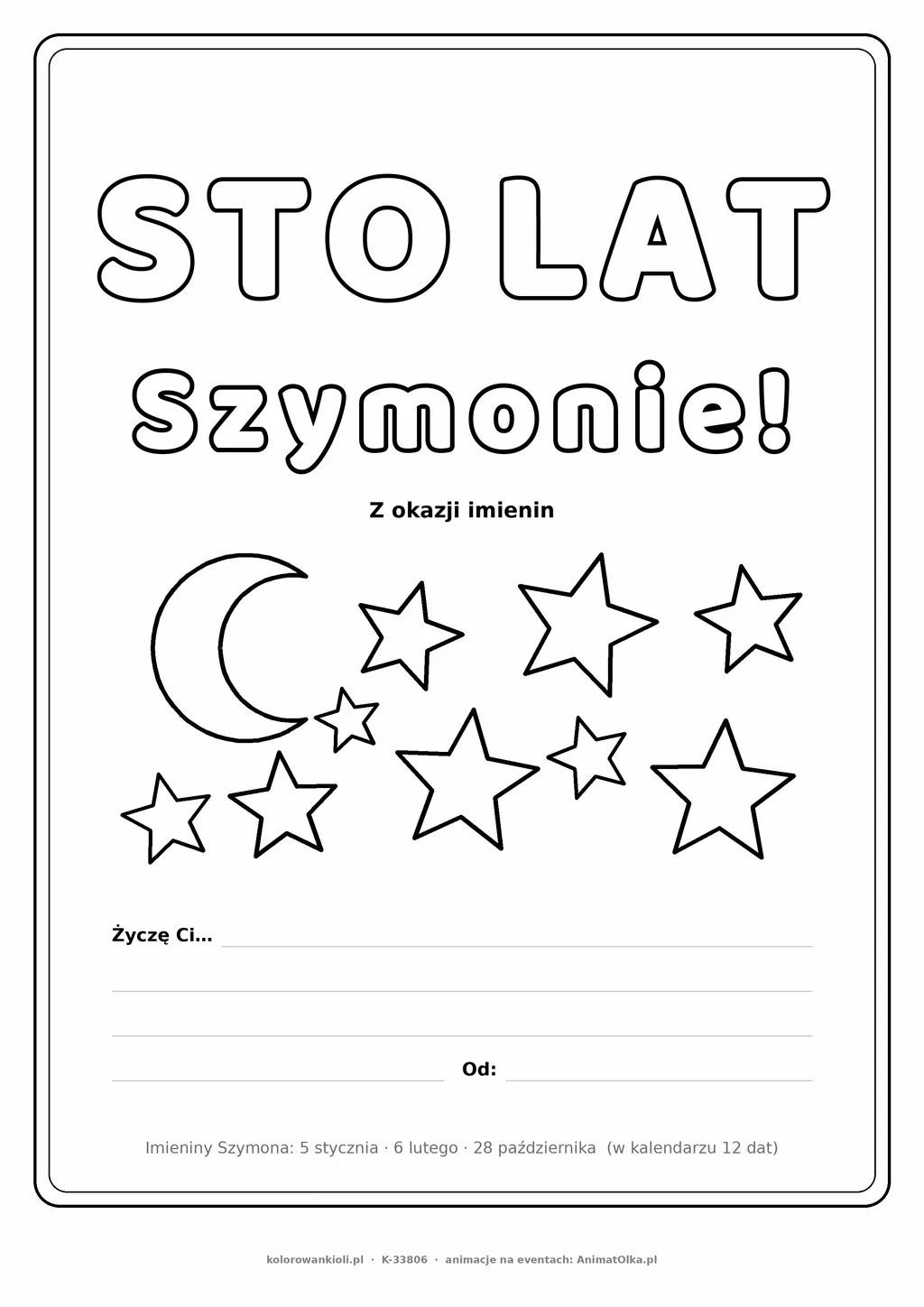 Laurka na imieniny Szymona do druku — napis Sto lat, Szymonie z gwiazdkami, linie na życzenia