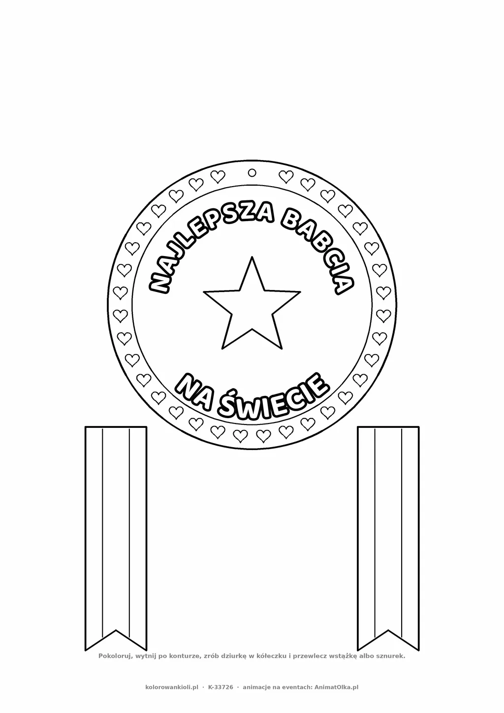 Medal Najlepsza Babcia na Świecie — do druku i kolorowania na Dzień Babci i Dziadka, A4