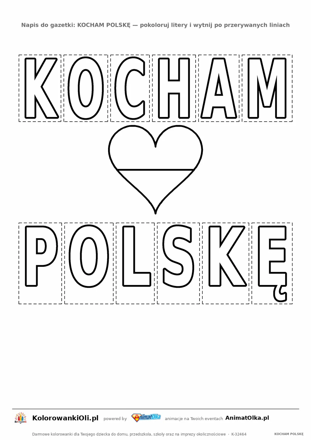 Napis KOCHAM POLSKĘ do druku — kontury liter i serce do pokolorowania i wycięcia