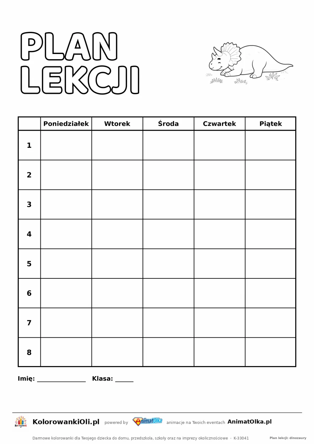 Plan lekcji do druku z triceratopsem do kolorowania — pięć dni, osiem lekcji, bez godzin, A4