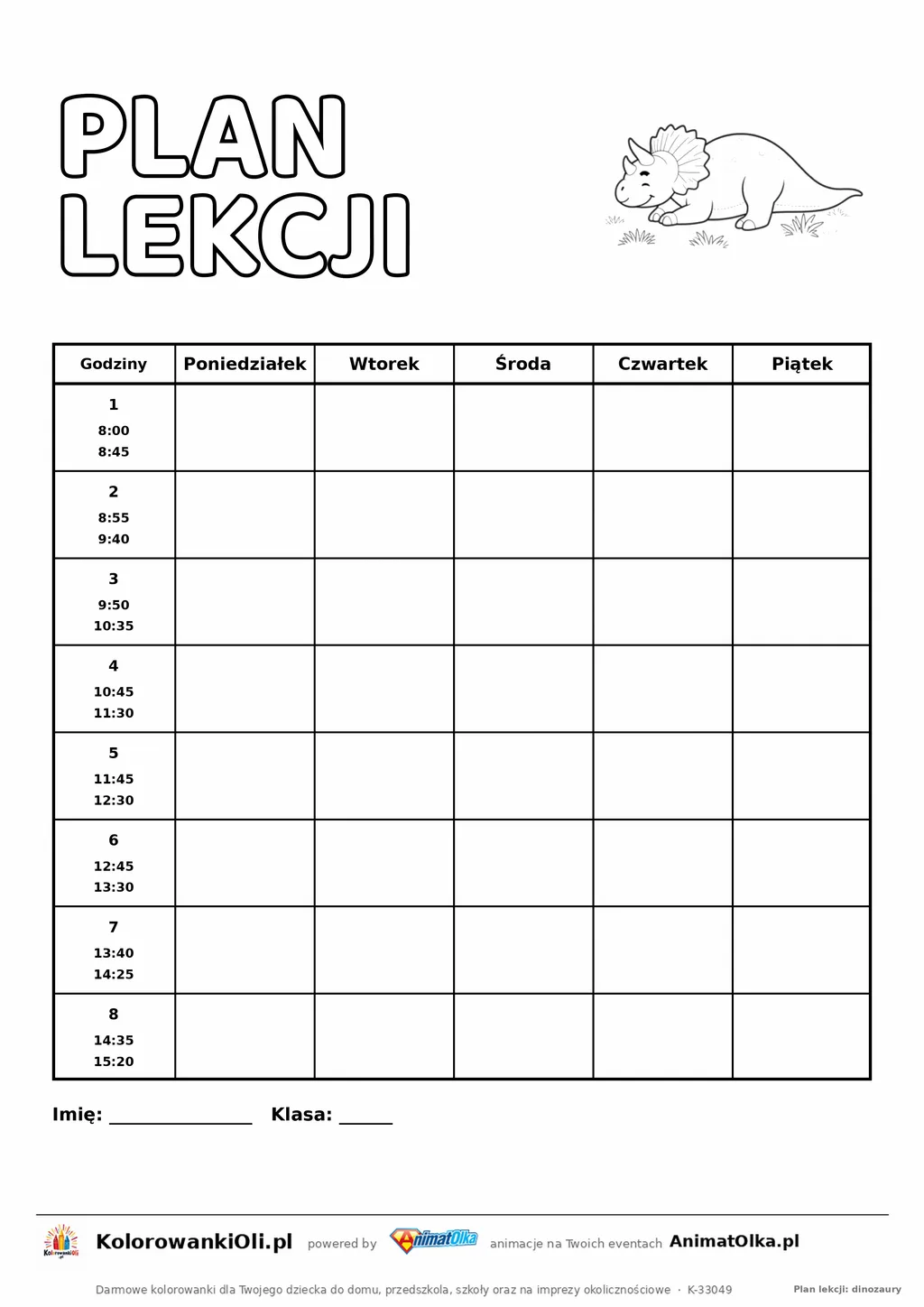 Plan lekcji z godzinami do druku z triceratopsem do kolorowania — osiem lekcji 8:00–15:20, A4