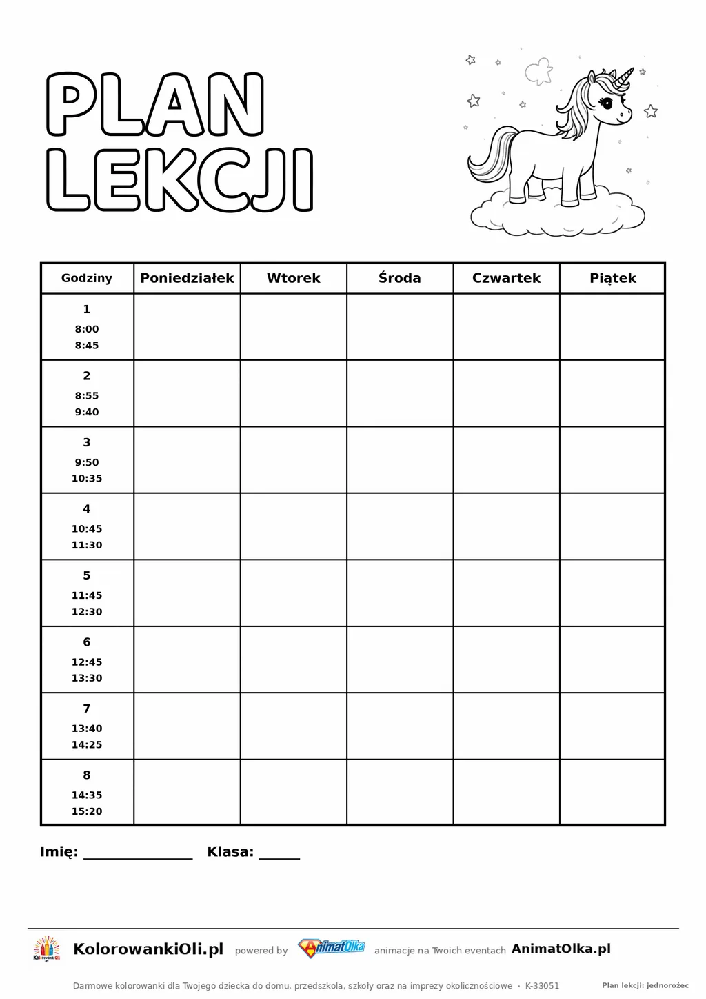 Plan lekcji z godzinami do druku z jednorożcem do kolorowania — osiem lekcji 8:00–15:20, kartka A4