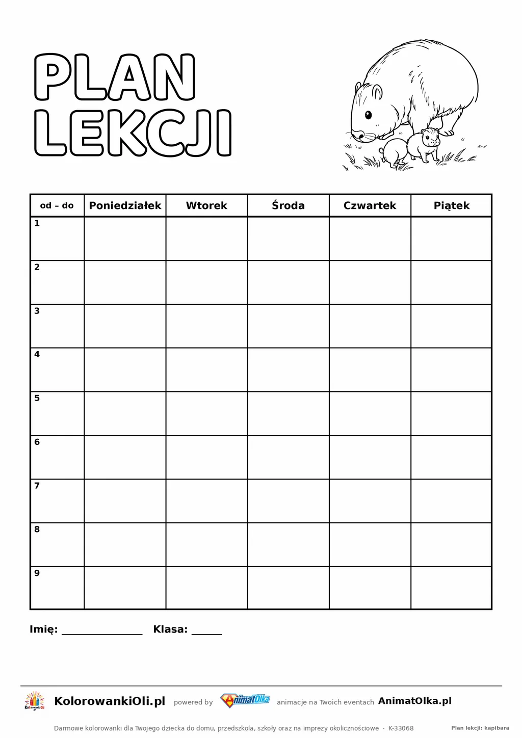 Plan lekcji dla klas 4–8 do druku z kapibarą do kolorowania — dziewięć lekcji i kolumna godzin, A4