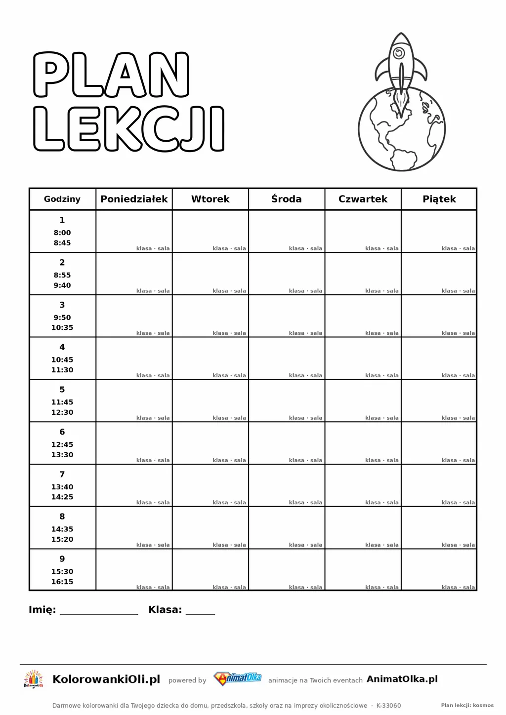 Plan lekcji dla nauczyciela do druku — klasyczny układ z dziewięcioma lekcjami, godzinami i polem na uwagi, A4
