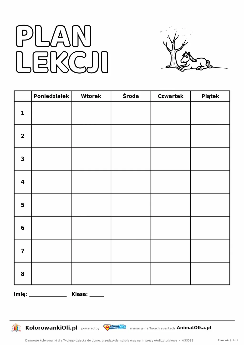 Plan lekcji do druku z koniem do kolorowania — siatka pięć dni na osiem lekcji, bez godzin, A4
