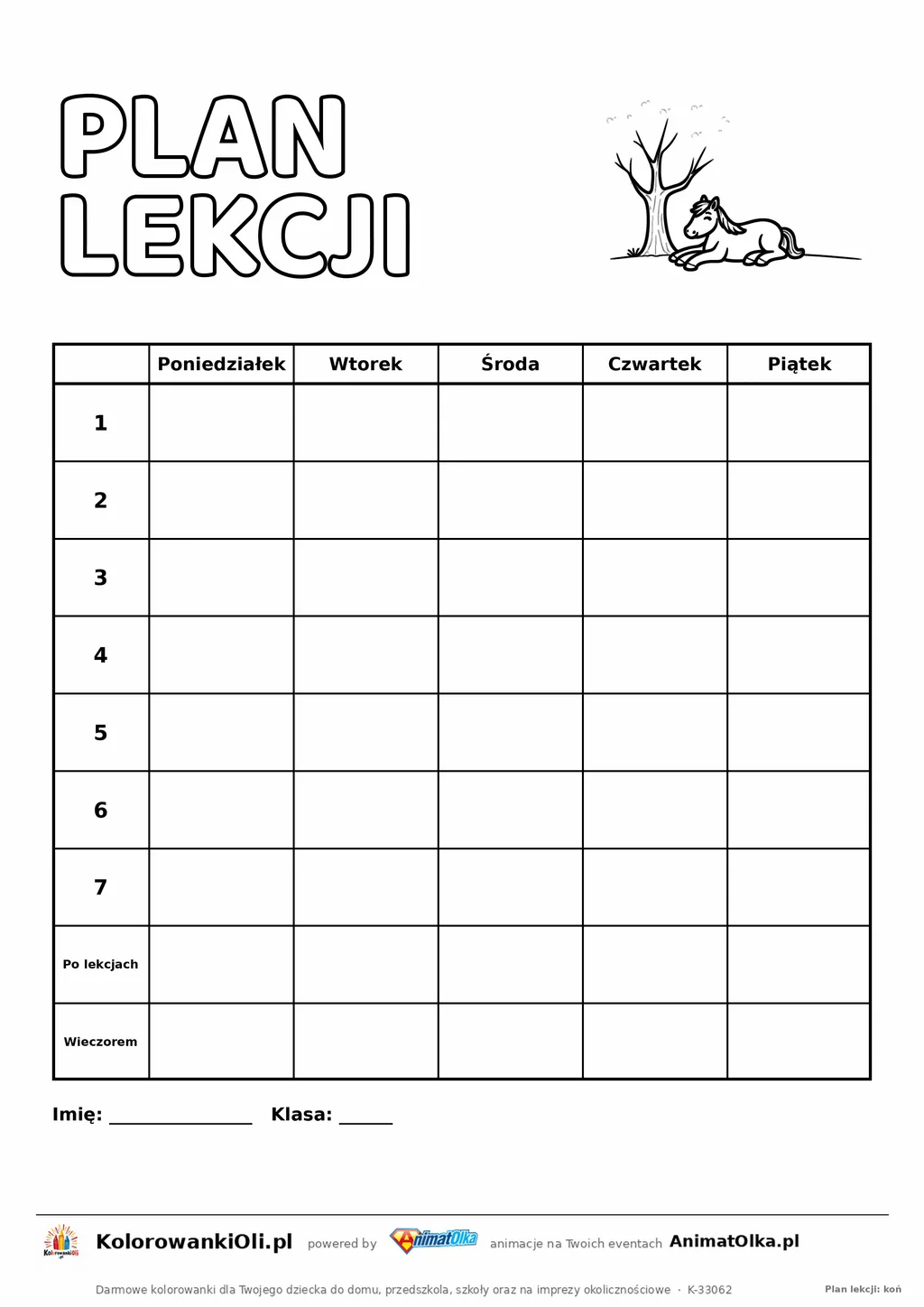 Plan lekcji z zajęciami dodatkowymi do druku z koniem do kolorowania — siedem lekcji i dwa wiersze po szkole, A4