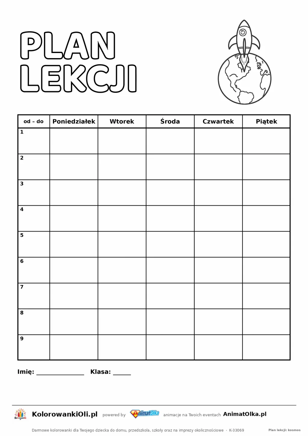 Plan lekcji dla klas 4–8 do druku z rakietą do kolorowania — dziewięć lekcji i kolumna godzin, A4