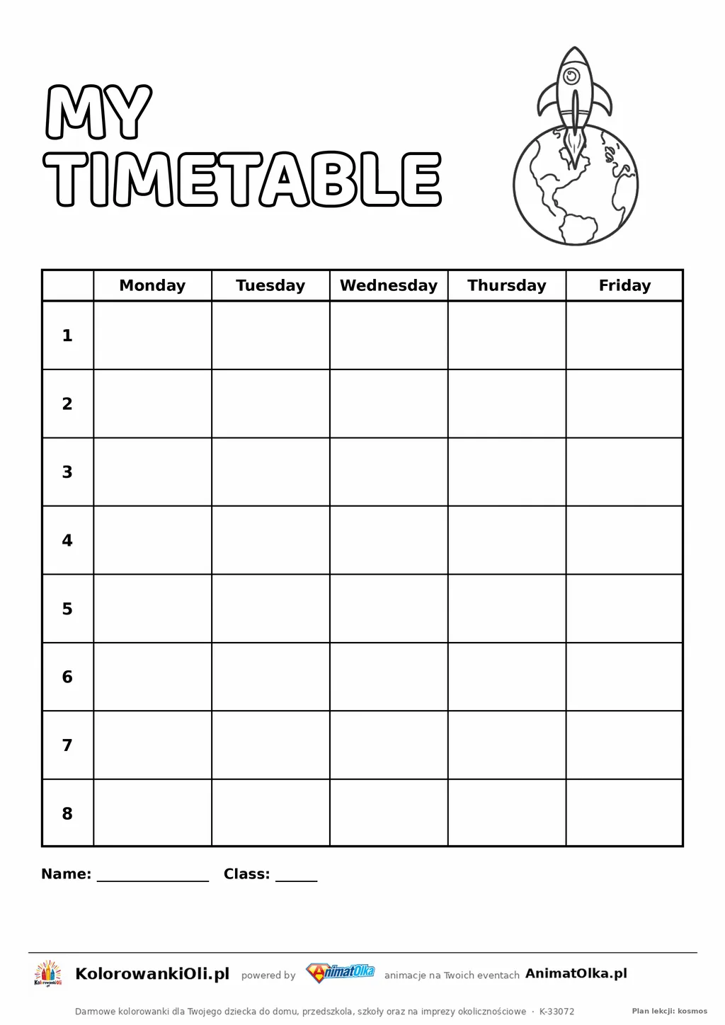 Plan lekcji po angielsku do druku — My timetable, dni Monday–Friday, rakieta do kolorowania, A4