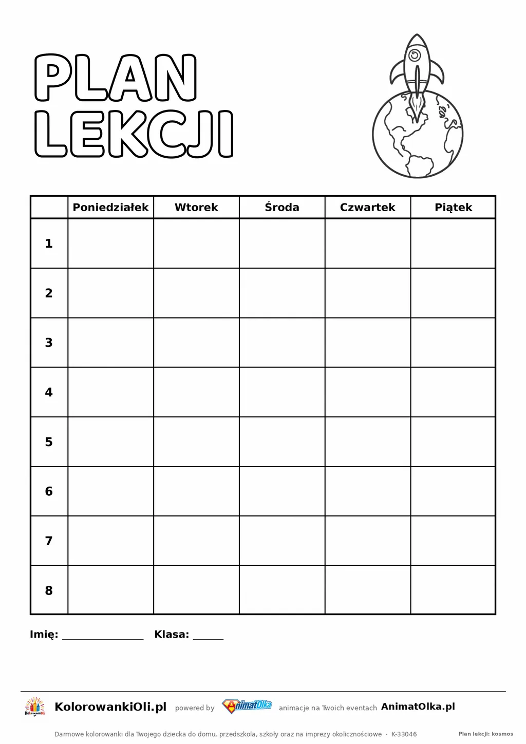 Plan lekcji do druku z rakietą do kolorowania — pięć dni, osiem lekcji, bez godzin, kartka A4
