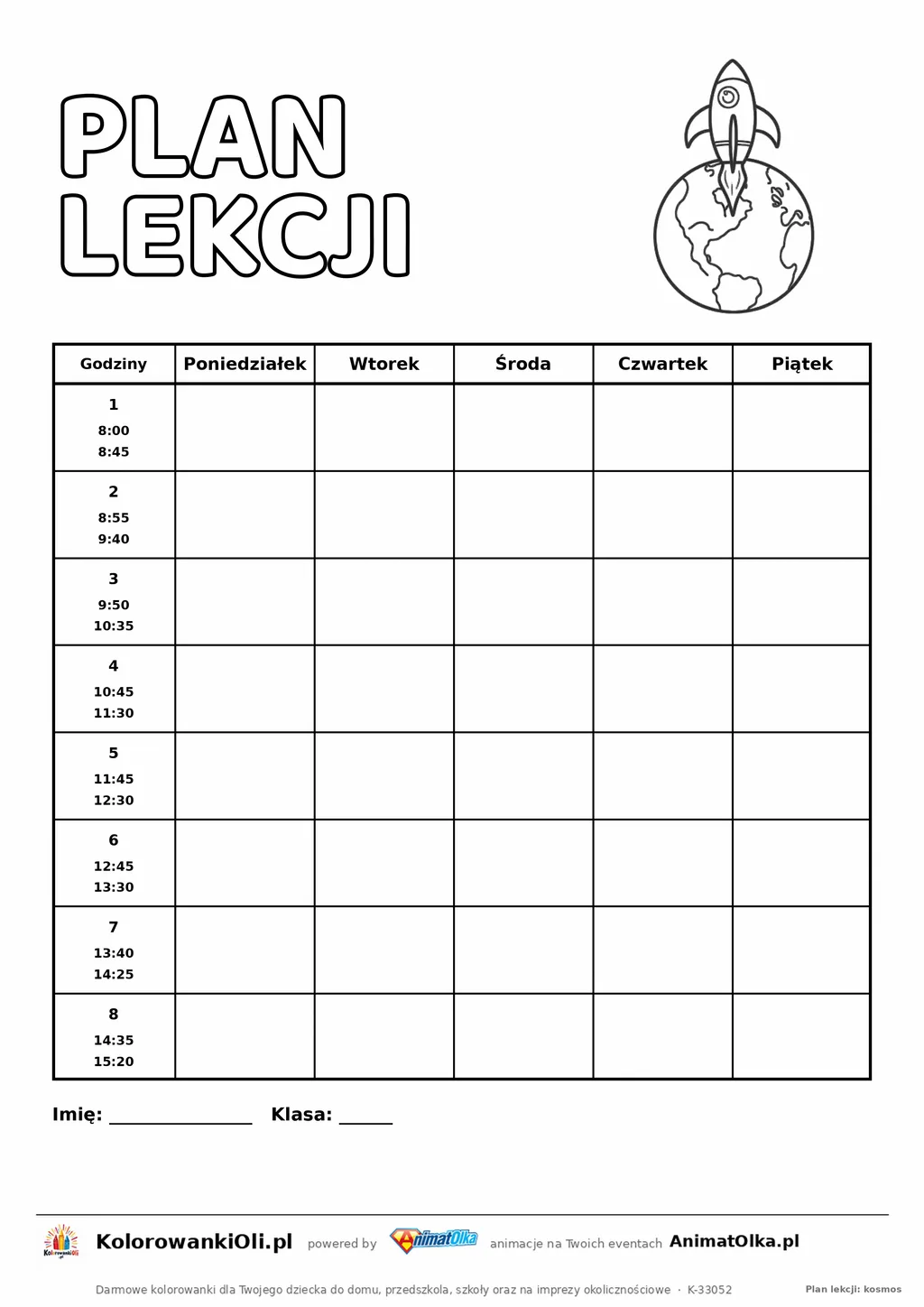 Plan lekcji z godzinami do druku z rakietą do kolorowania — osiem lekcji 8:00–15:20, kartka A4