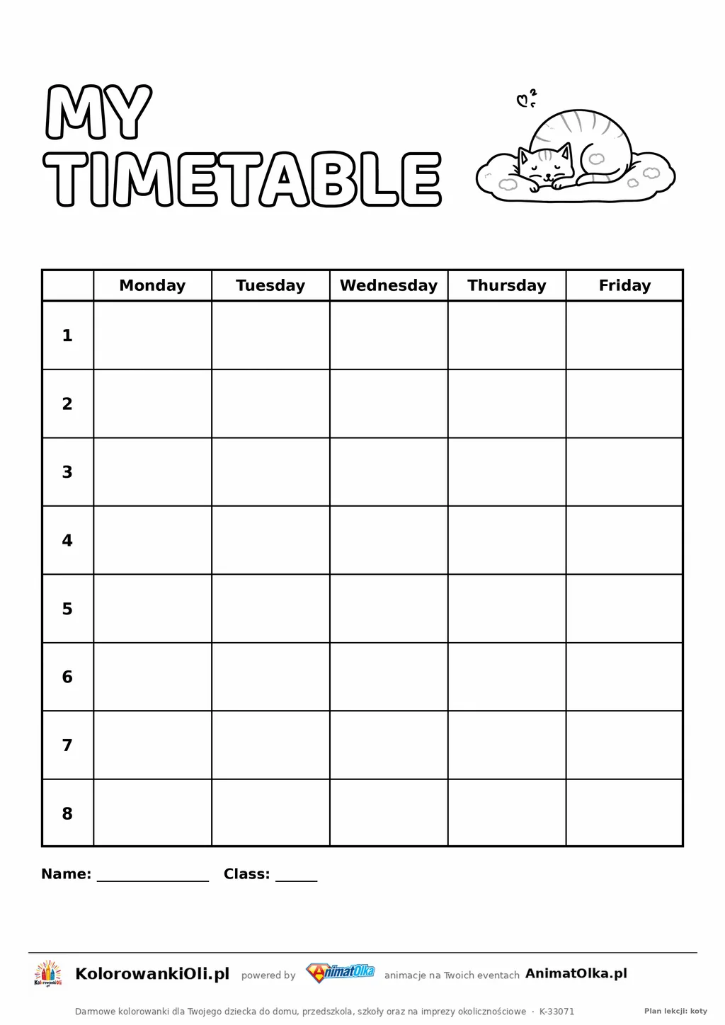 Plan lekcji po angielsku do druku — My timetable, dni Monday–Friday, kot do kolorowania, kartka A4