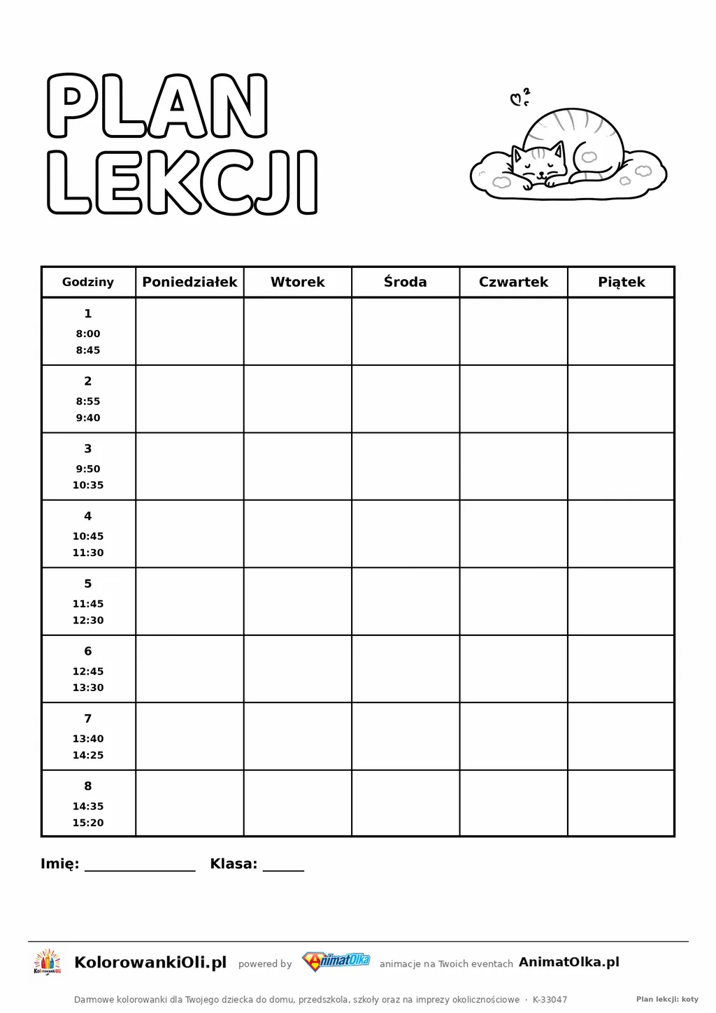 Plan lekcji z godzinami do druku z kotem do kolorowania — osiem lekcji z godzinami 8:00–15:20, kartka A4