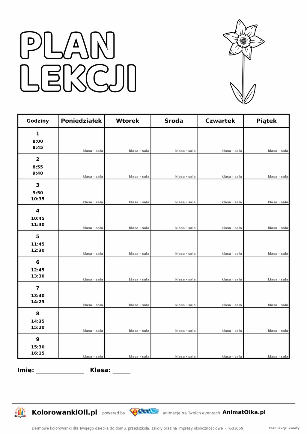 Plan lekcji dla nauczyciela do druku — dziewięć lekcji z godzinami, pola klasa i sala, kwiat do kolorowania, A4