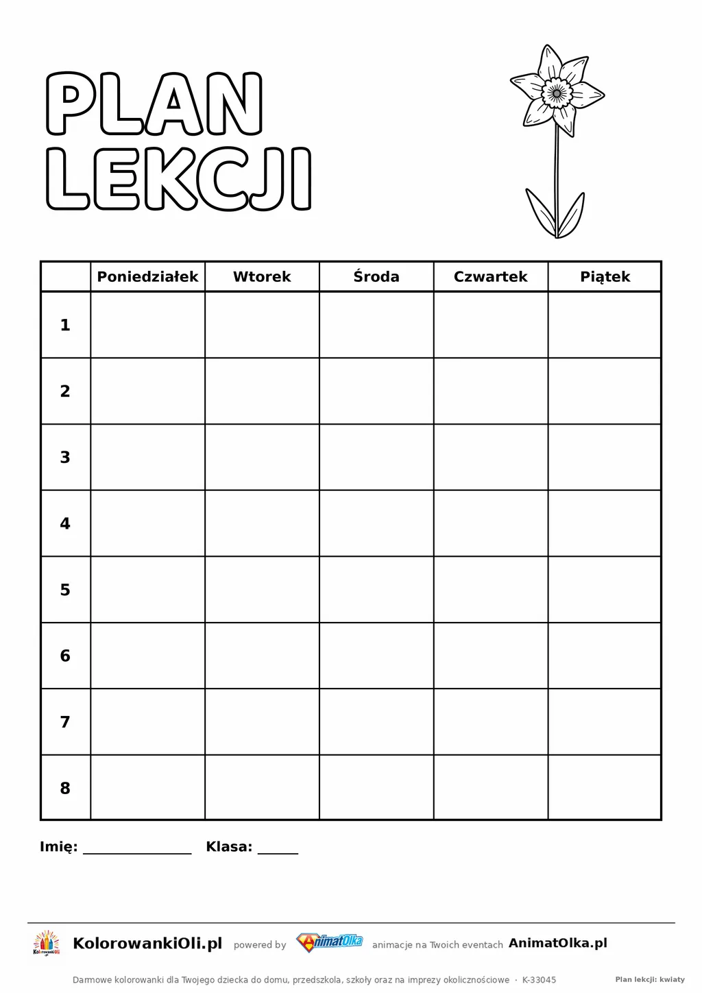 Plan lekcji do druku z kwiatem do kolorowania — pięć dni, osiem lekcji, bez godzin, kartka A4