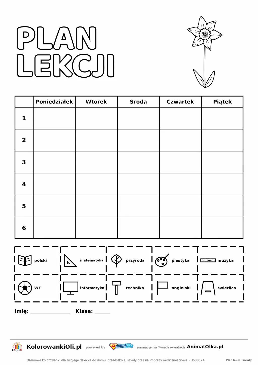 Plan lekcji z obrazkami do druku — plan wizualny z legendą symboli i kwiatem do kolorowania, kartka A4