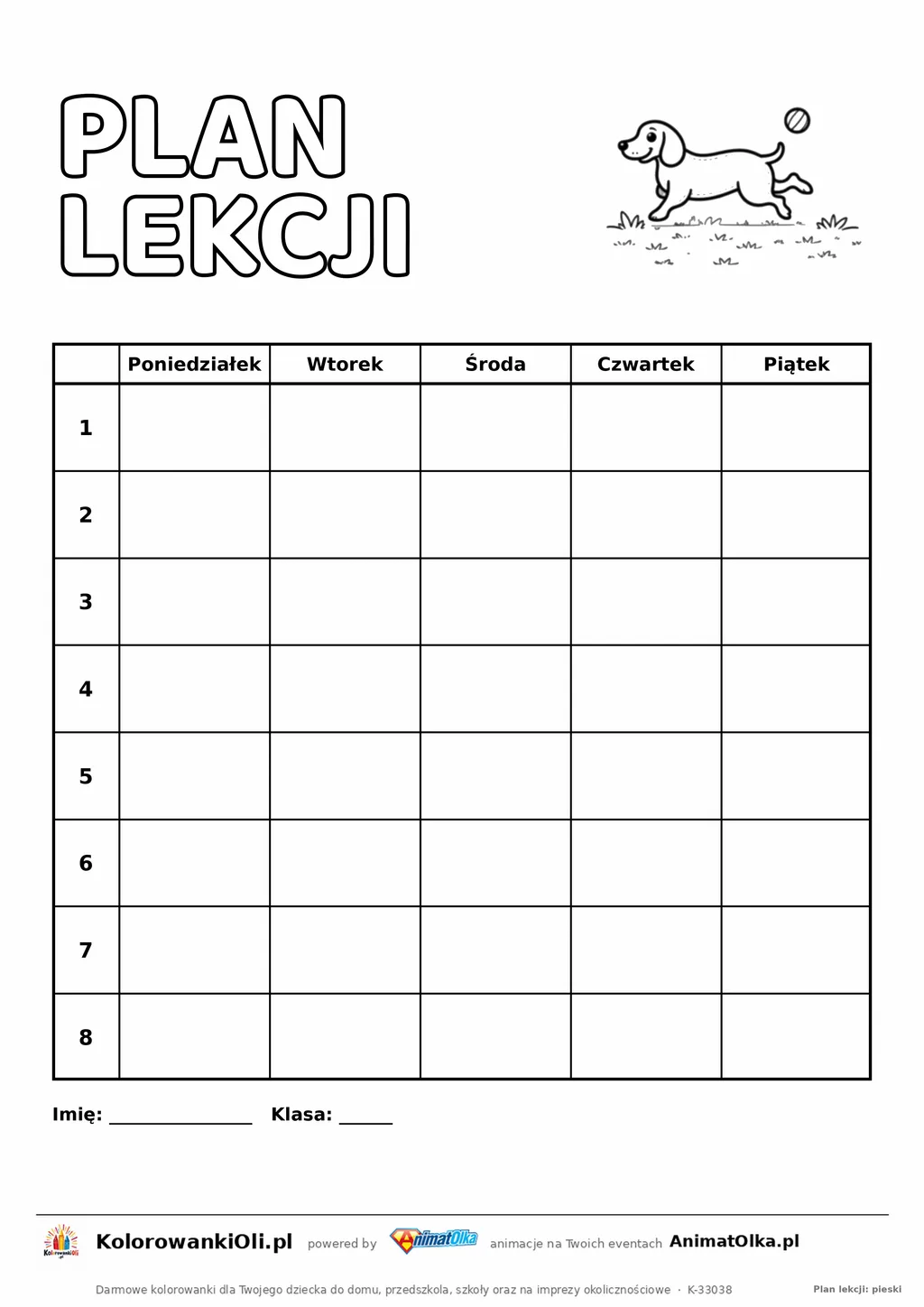 Plan lekcji do druku z jamnikiem do kolorowania — pięć dni, osiem lekcji, bez godzin, kartka A4