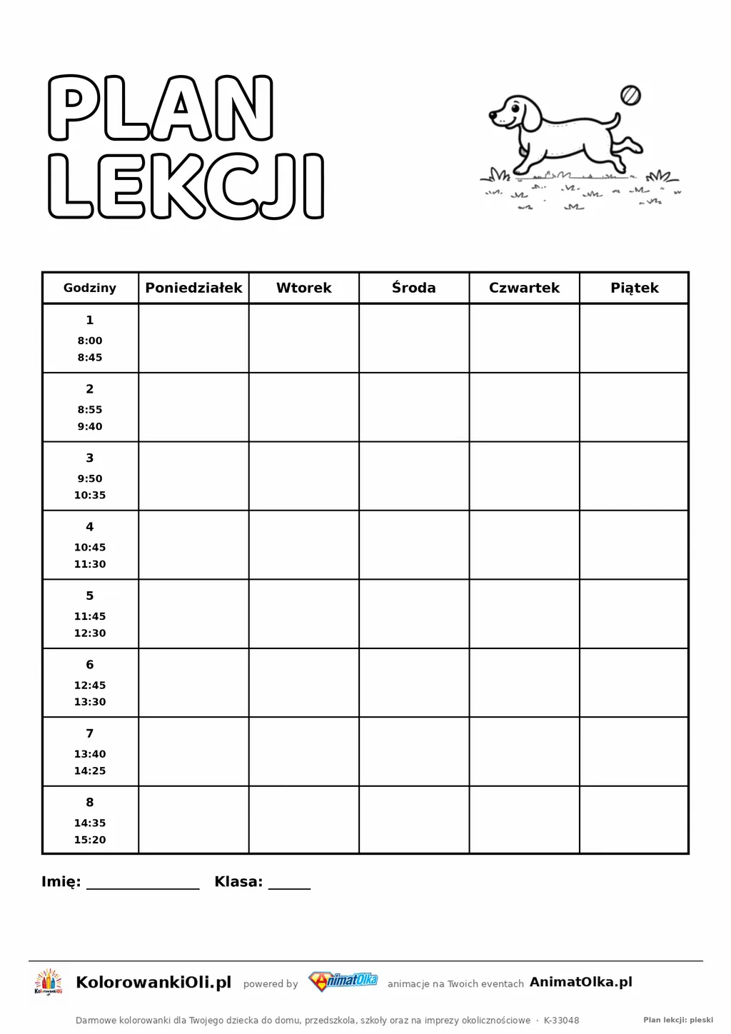 Plan lekcji z godzinami do druku z jamnikiem do kolorowania — osiem lekcji 8:00–15:20, kartka A4