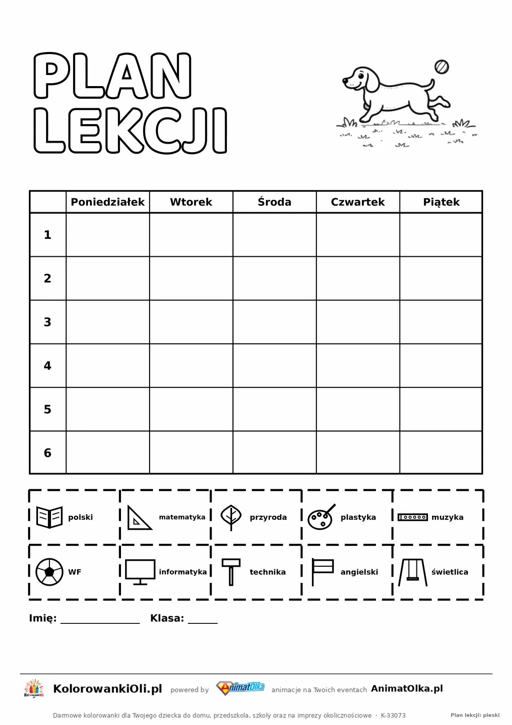Plan lekcji z obrazkami do druku — plan wizualny z legendą symboli przedmiotów i pieskiem do kolorowania, A4