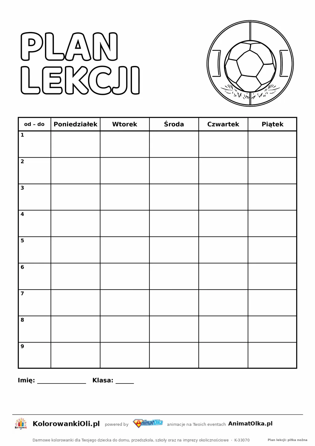 Plan lekcji dla klas 4–8 do druku z piłką nożną do kolorowania — dziewięć lekcji i kolumna godzin, A4