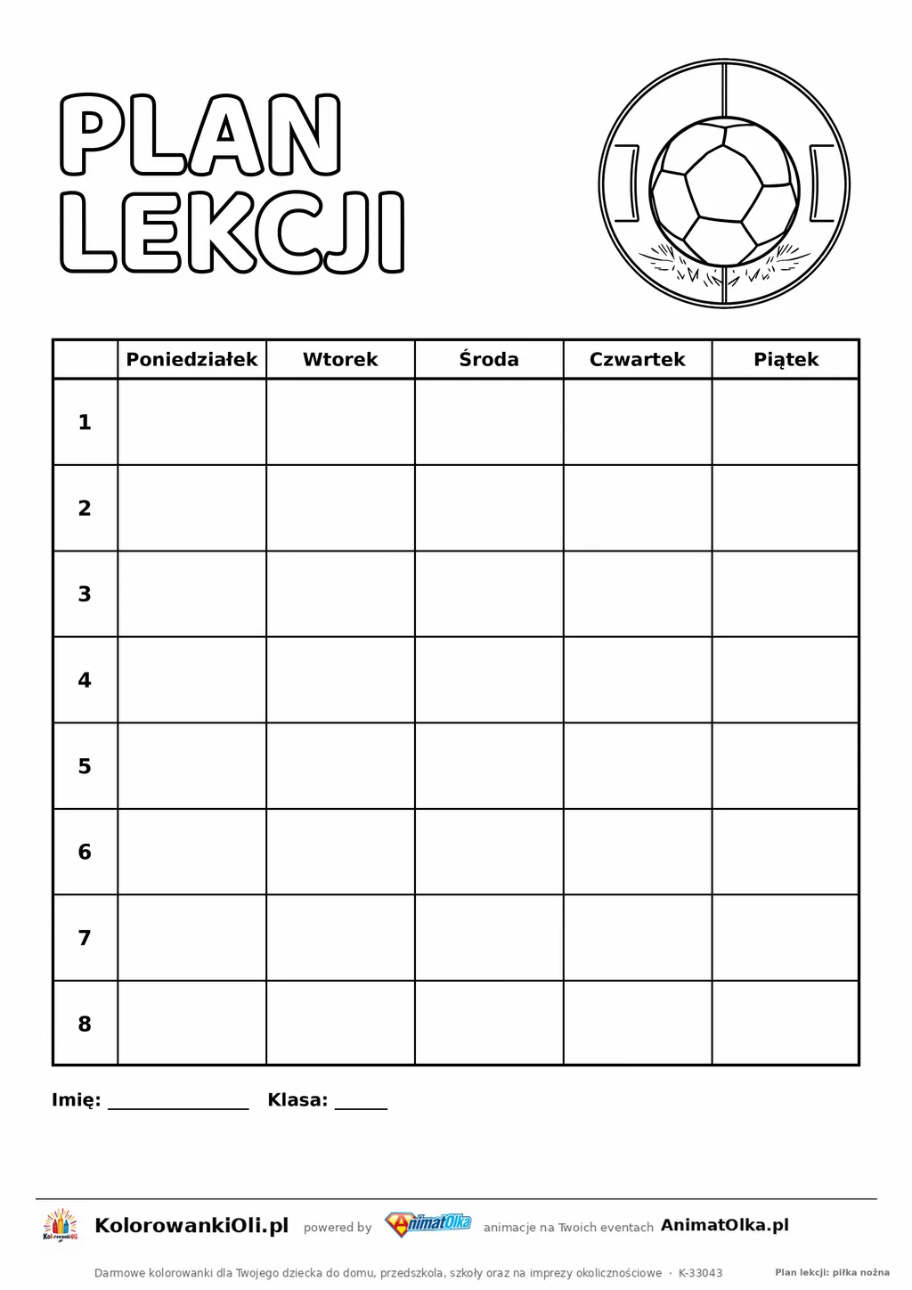 Plan lekcji do druku z piłką nożną do kolorowania — pięć dni, osiem lekcji, bez godzin, A4