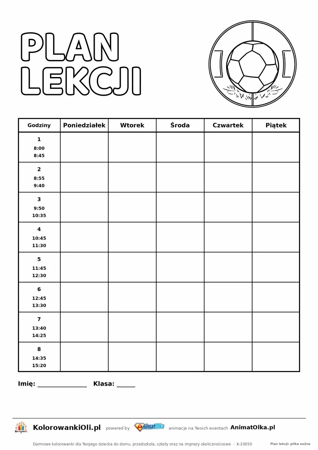 Plan lekcji z godzinami do druku z piłką nożną do kolorowania — osiem lekcji 8:00–15:20, kartka A4