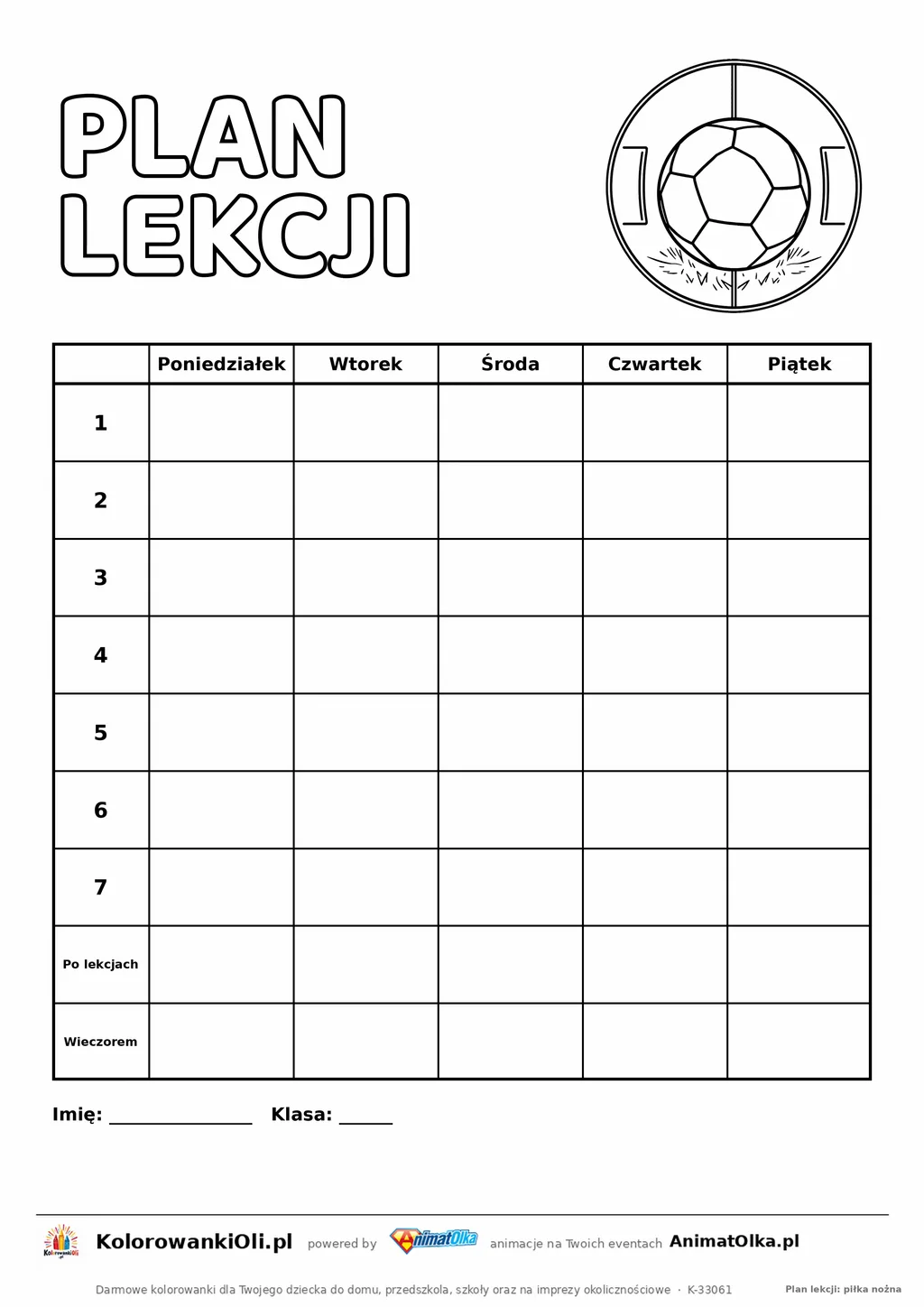 Plan lekcji z zajęciami dodatkowymi do druku z piłką nożną — siedem lekcji i wiersze po lekcjach i wieczorem, A4