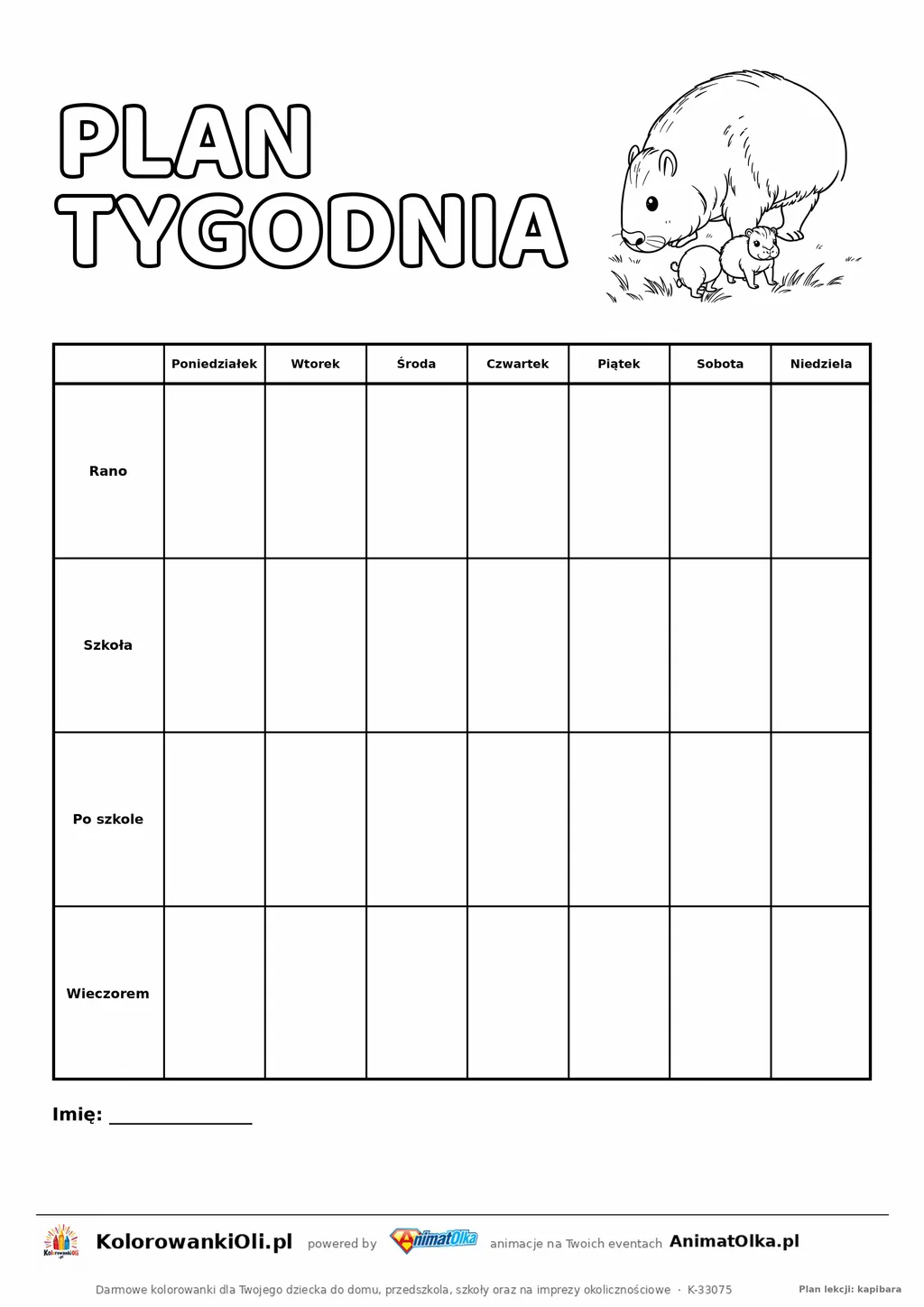 Plan tygodnia dla dziecka do druku — siedem dni i cztery pory dnia, kapibara do kolorowania, kartka A4