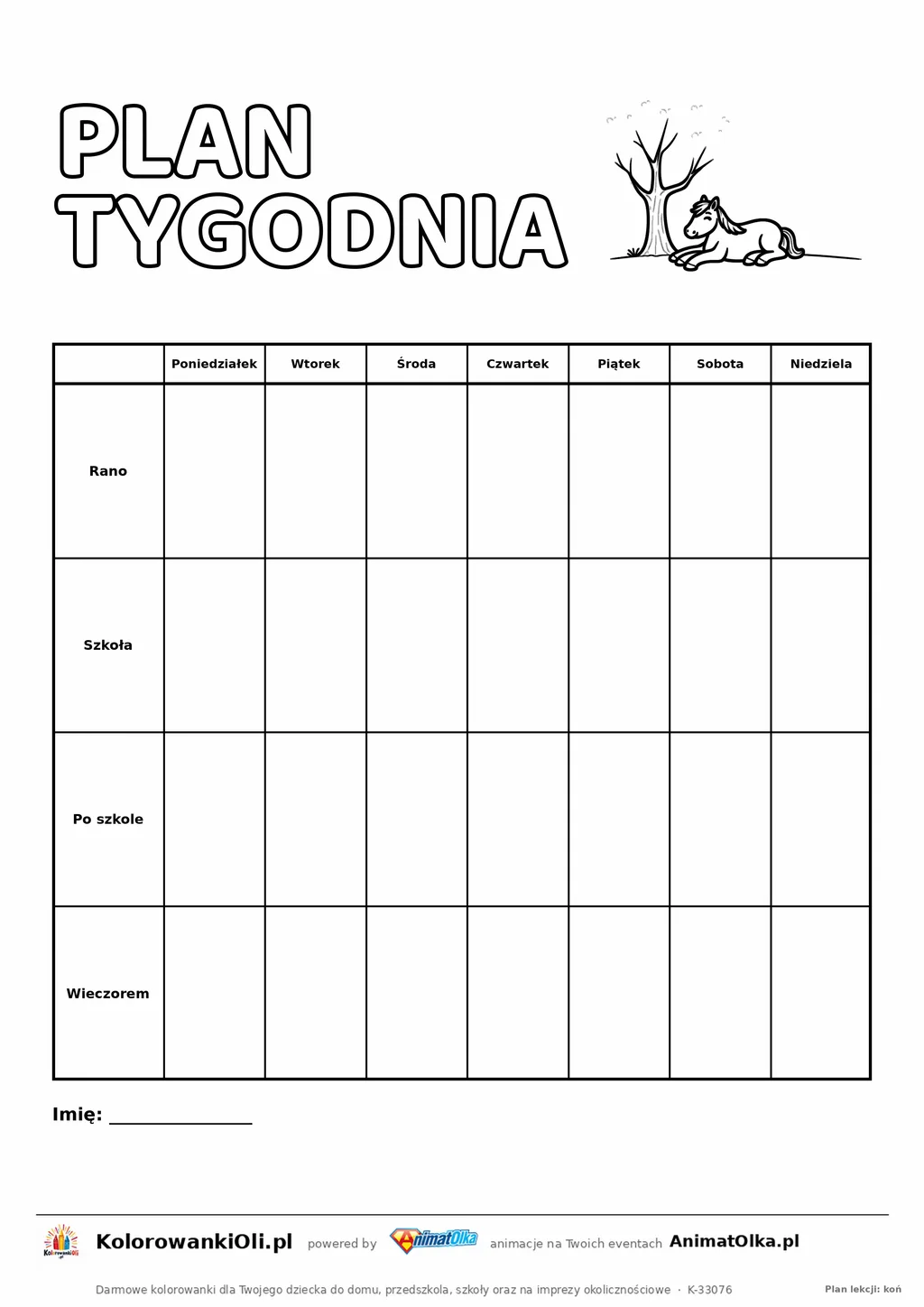 Plan tygodnia dla dziecka do druku — siedem dni i cztery pory dnia, koń do kolorowania, kartka A4