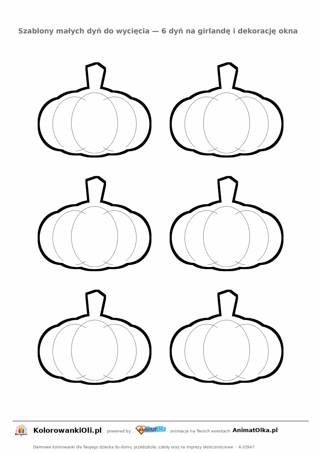 Szablony małych dyń do wycięcia — sześć dyń na kartce A4, girlanda na Halloween do druku