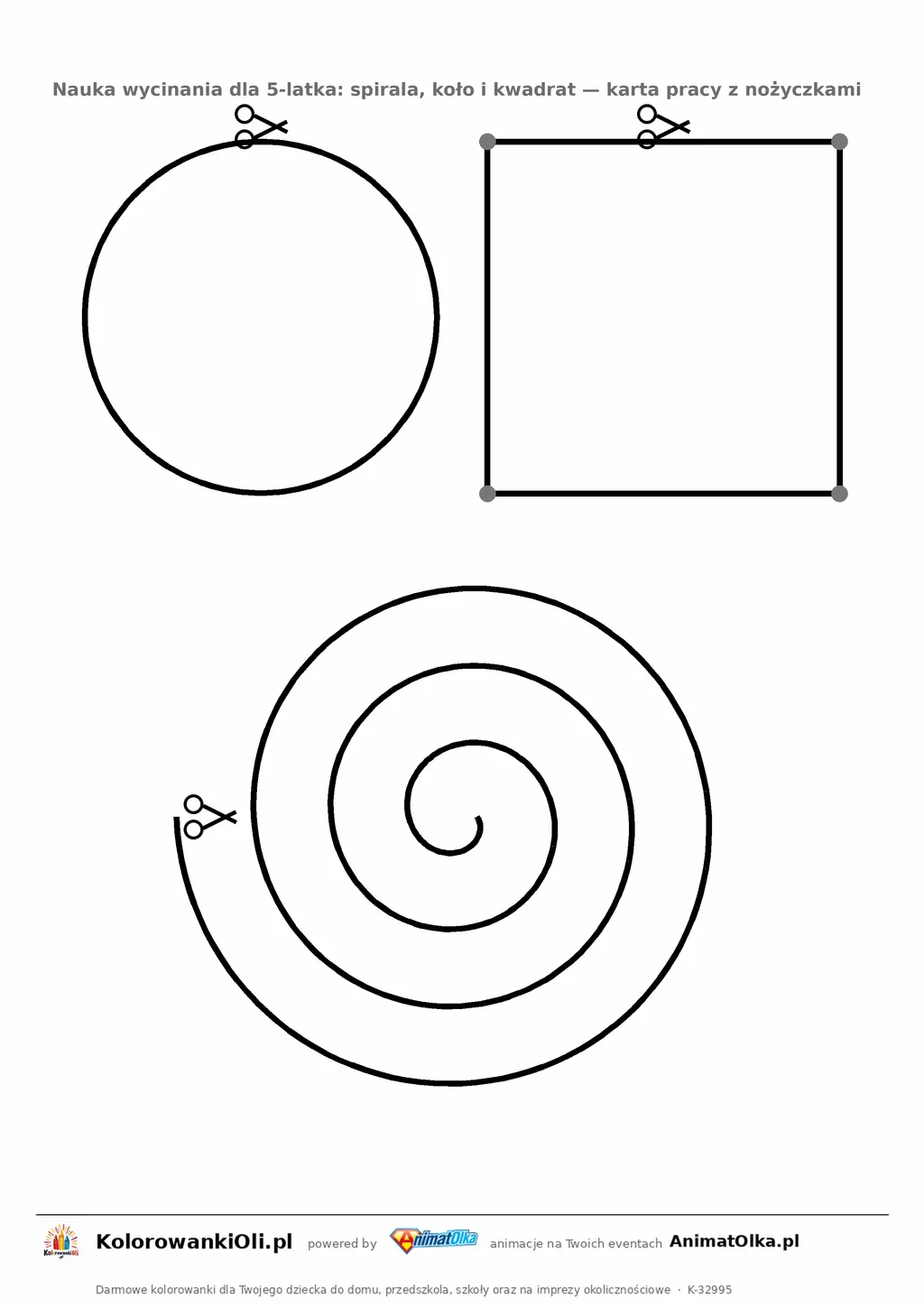 Nauka wycinania dla 5-latka — karta z kołem, kwadratem i spiralą do cięcia nożyczkami, do druku A4