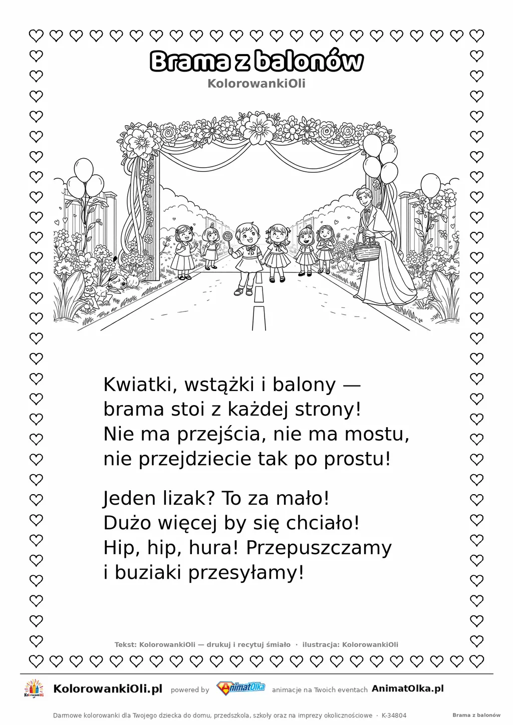Wierszyk na wesele dla dzieci „Brama z balonów” z ilustracją do kolorowania — karta A4 do druku