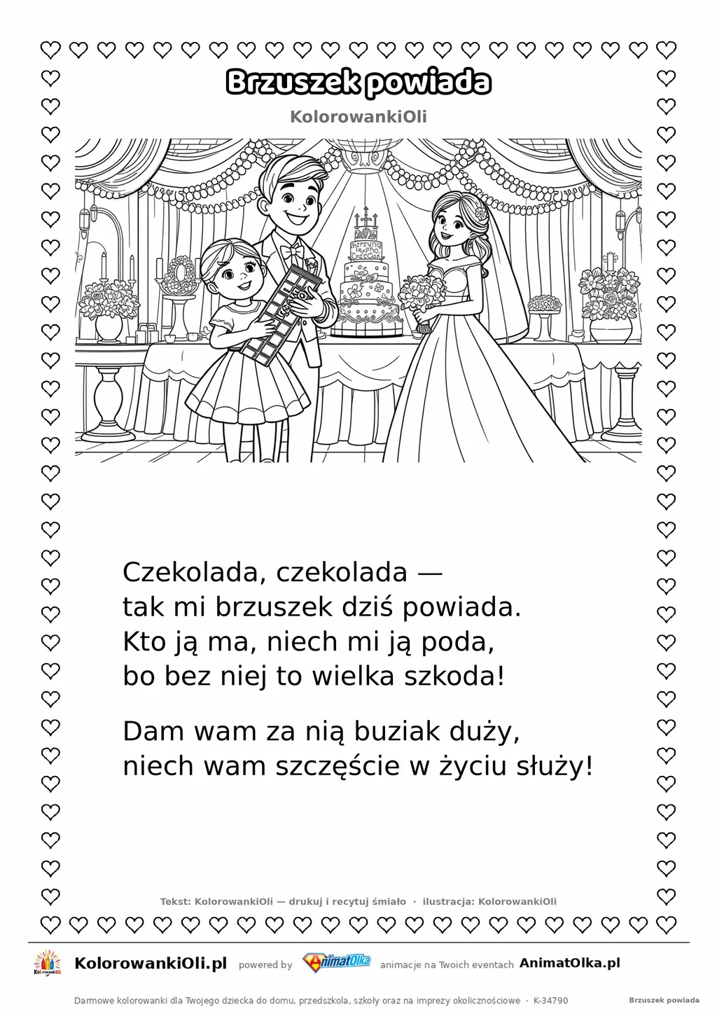 Wierszyk na wesele dla dzieci „Brzuszek powiada” z ilustracją do kolorowania — karta A4 do druku