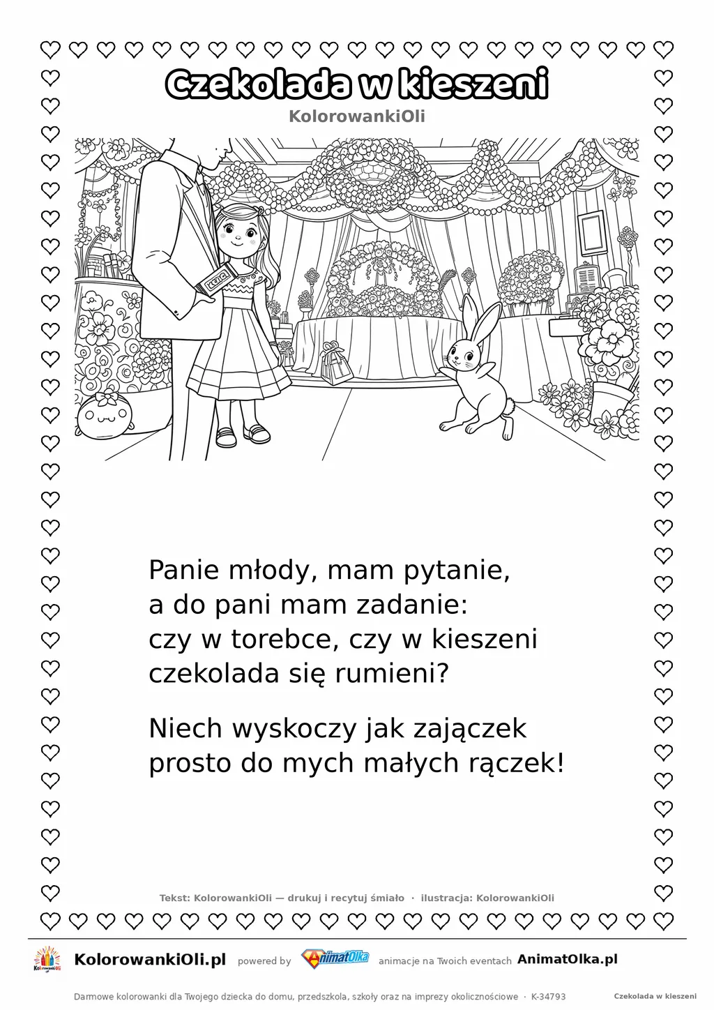 Wierszyk na wesele dla dzieci „Czekolada w kieszeni” z ilustracją do kolorowania — karta A4 do druku
