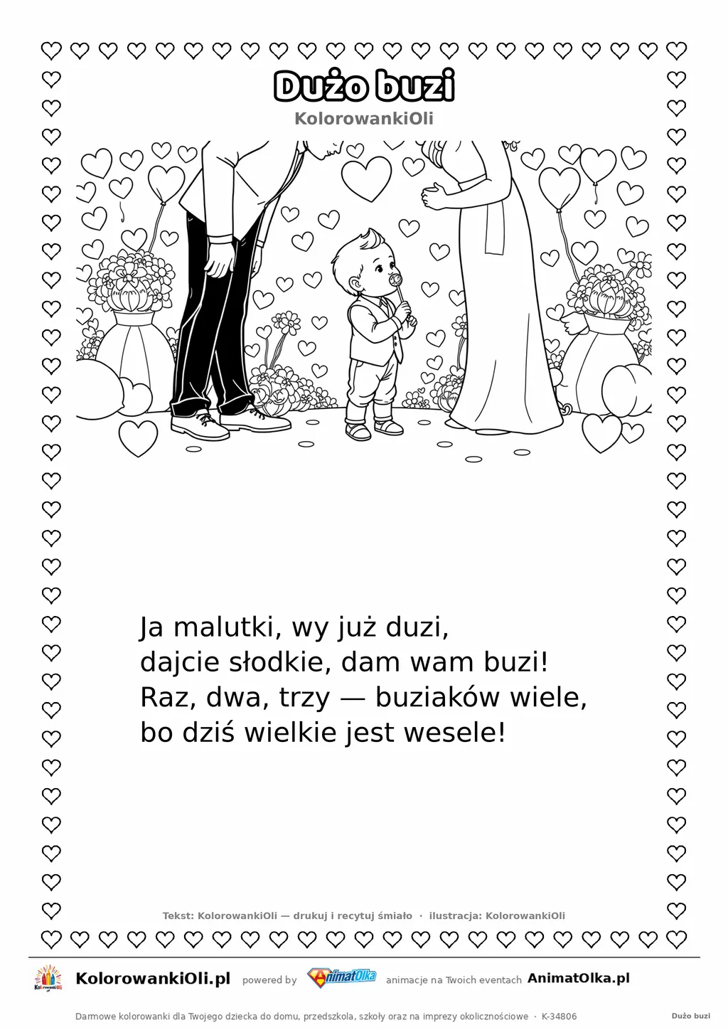 Wierszyk na wesele dla dzieci „Dużo buzi” z ilustracją do kolorowania — karta A4 do druku