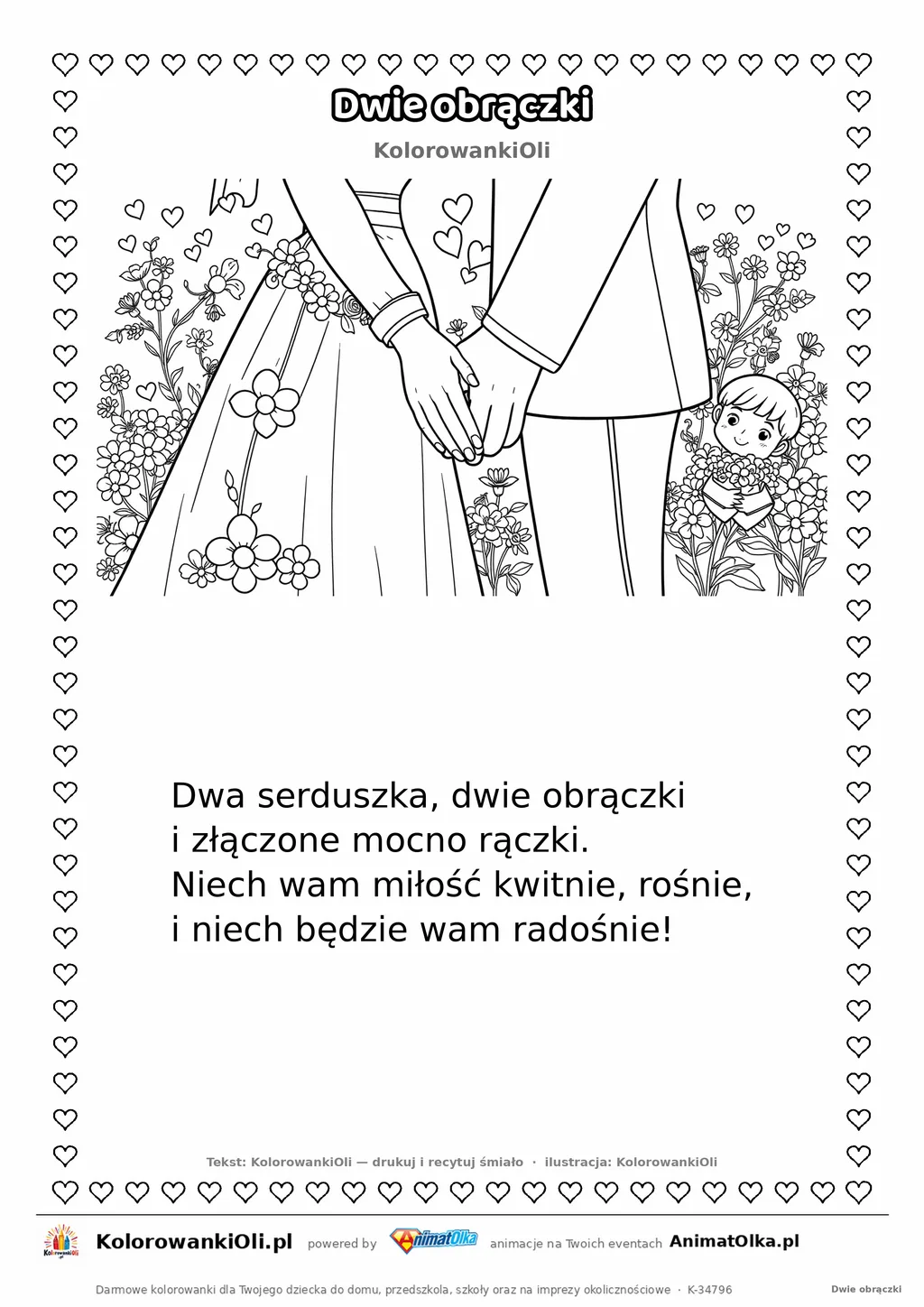 Wierszyk na wesele dla dzieci „Dwie obrączki” z ilustracją do kolorowania — karta A4 do druku