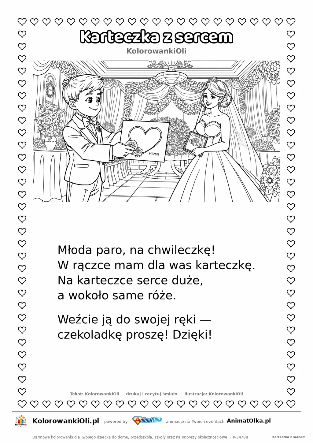 Wierszyk na wesele dla dzieci „Karteczka z sercem” z ilustracją do kolorowania — karta A4 do druku