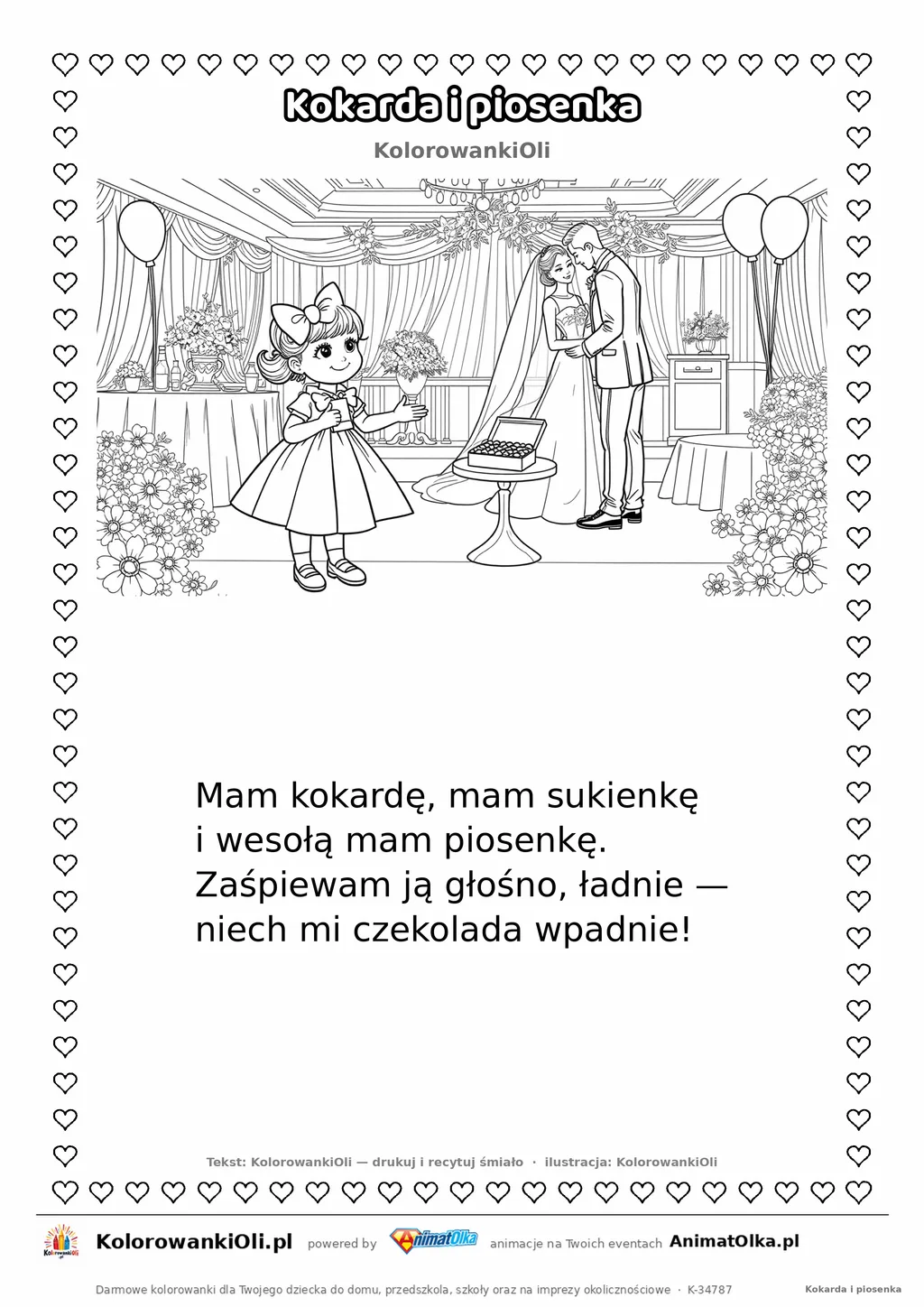 Wierszyk na wesele dla dzieci „Kokarda i piosenka” z ilustracją do kolorowania — karta A4 do druku