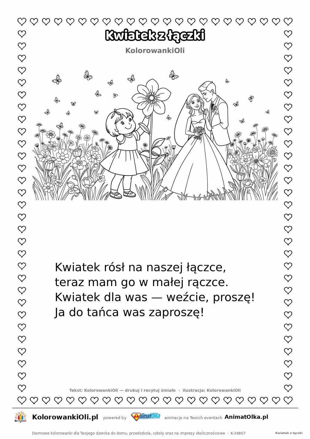 Wierszyk na wesele dla dzieci „Kwiatek z łączki” z ilustracją do kolorowania — karta A4 do druku