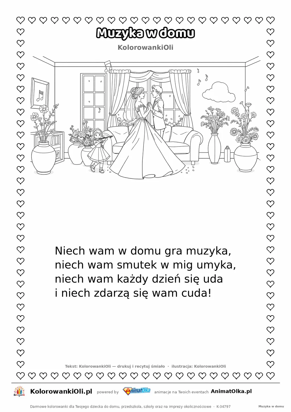 Wierszyk na wesele dla dzieci „Muzyka w domu” z ilustracją do kolorowania — karta A4 do druku