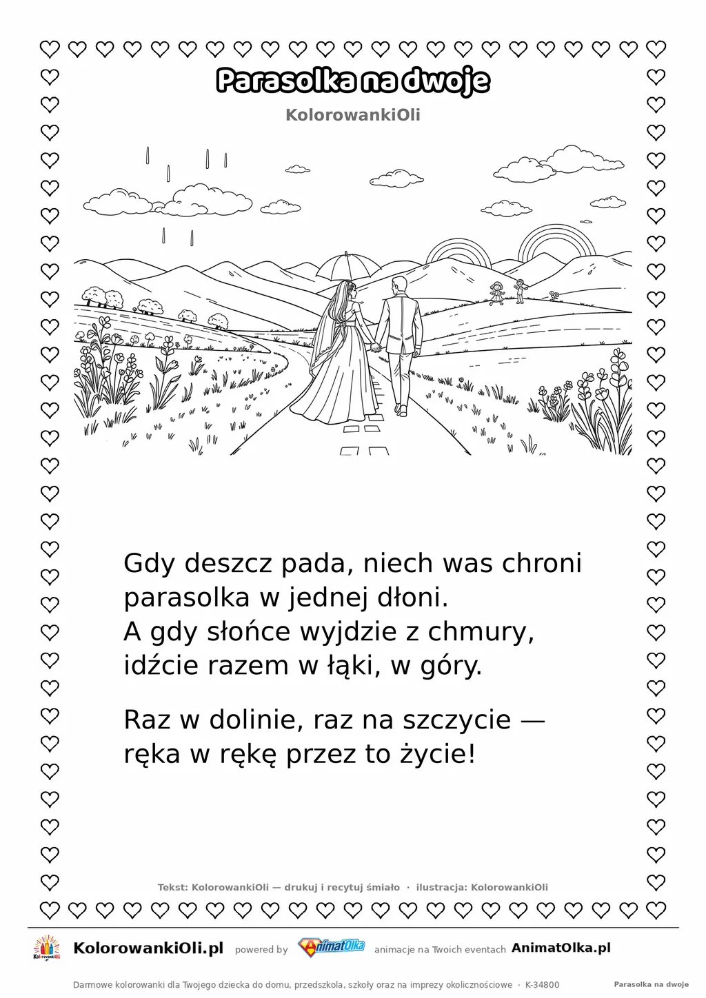 Wierszyk na wesele dla dzieci „Parasolka na dwoje” z ilustracją do kolorowania — karta A4 do druku