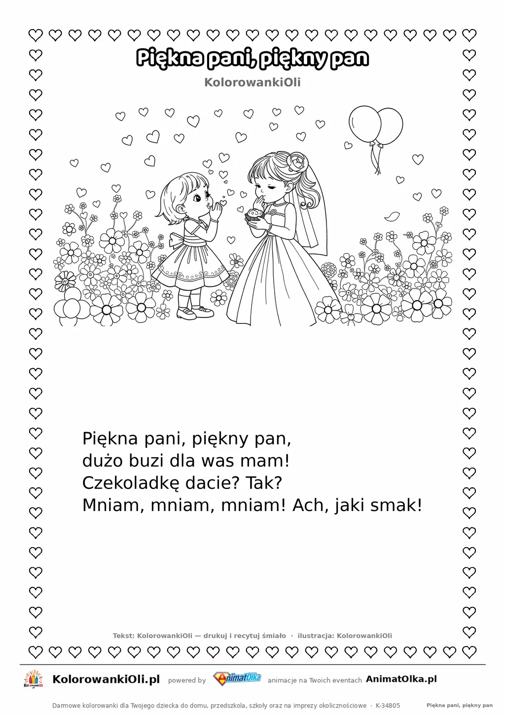 Wierszyk na wesele dla dzieci „Piękna pani, piękny pan” z ilustracją do kolorowania — karta A4 do druku