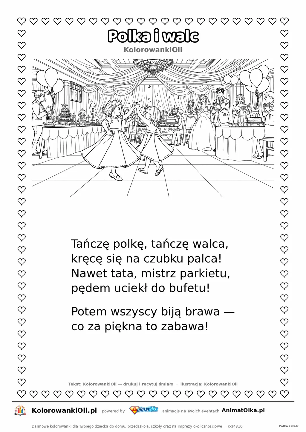 Wierszyk na wesele dla dzieci „Polka i walc” z ilustracją do kolorowania — karta A4 do druku